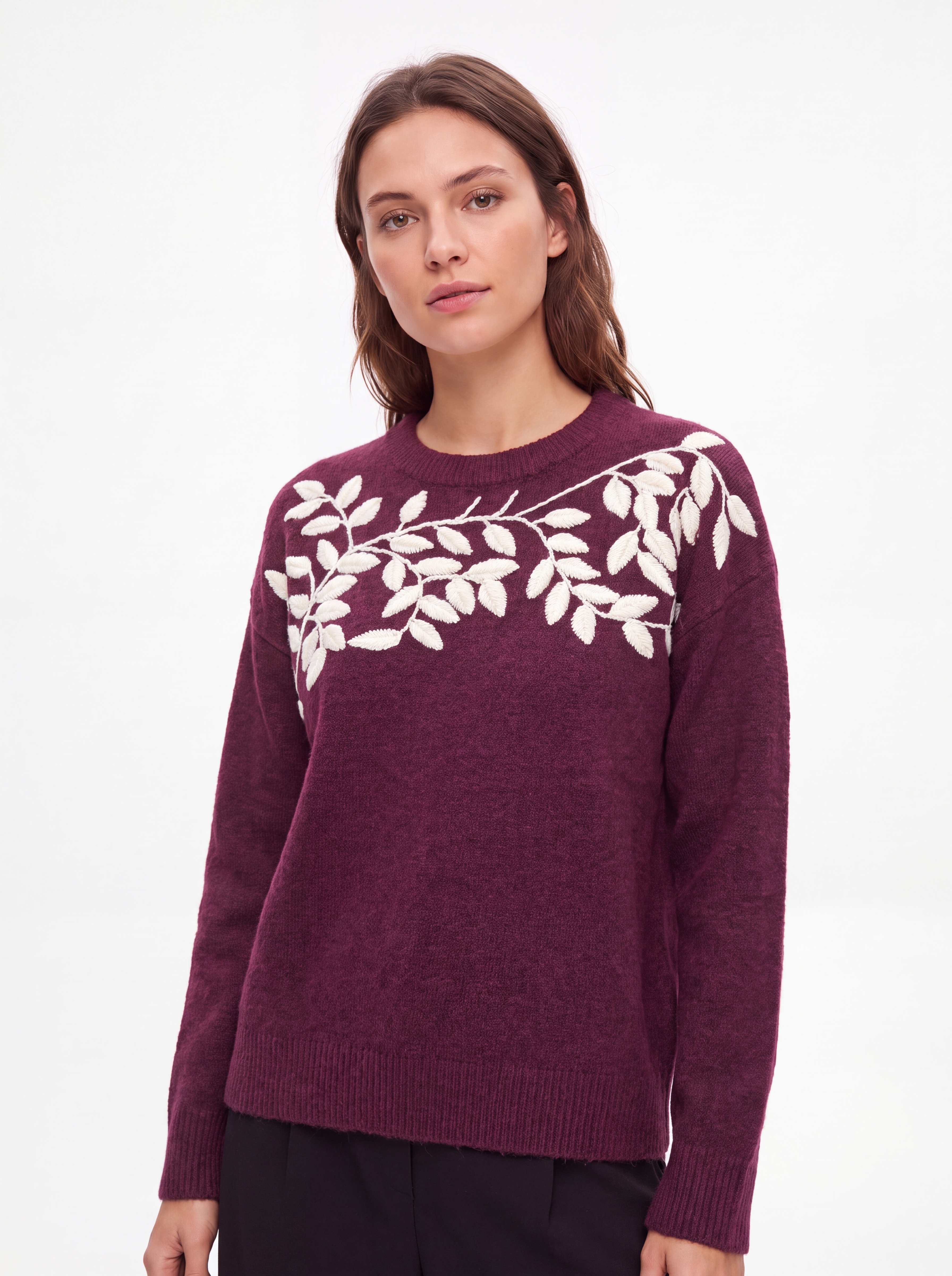 Dámsky pulóver s výšivkou a vetvičkami BURGUNDY MELANGE Bordový melír s.WEAR 1